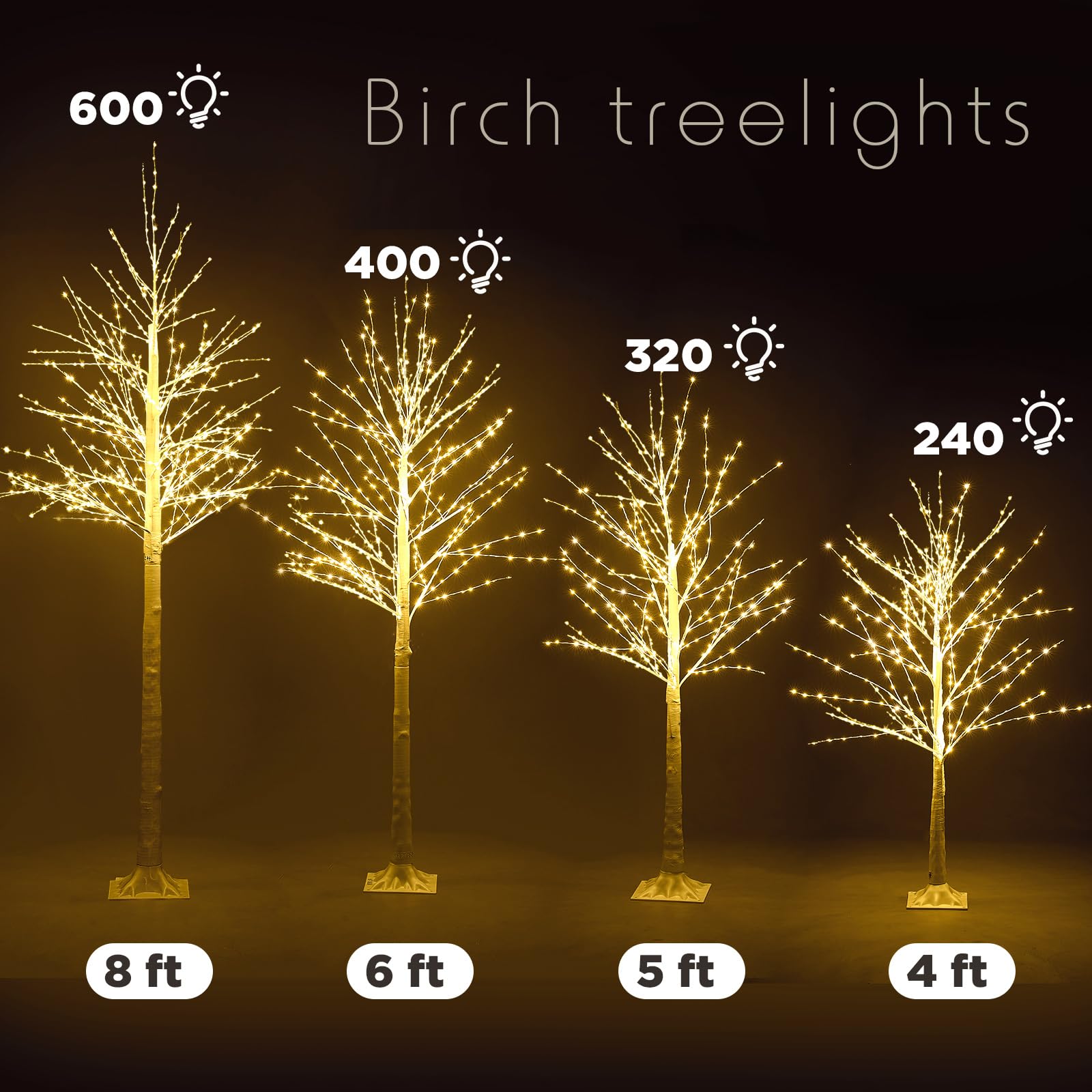 Baquler 4 Pack Lighted Birch Tree - 4 5 6 8 Large Christmas Warm-White LED 8 Mode Light Birch Tree Decoration Set for Thanks