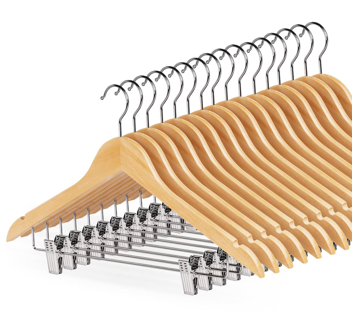 Hou  Sm 16Pack Wooden Hangers Skirt Hangers With Clips, Solid Wood Pants Hangers Natural Smooth Finish High-Grade Selected Wood