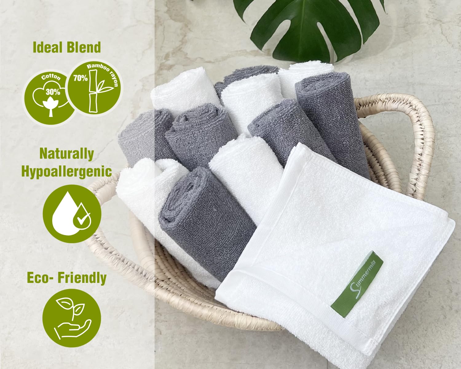 SUMMERMIA Bamboo Washcloths 12 Pack 13'' x 13'' - Soft Wash Cloths for Your Face Towel  Wash Cloths for Your Body (White & Gray)