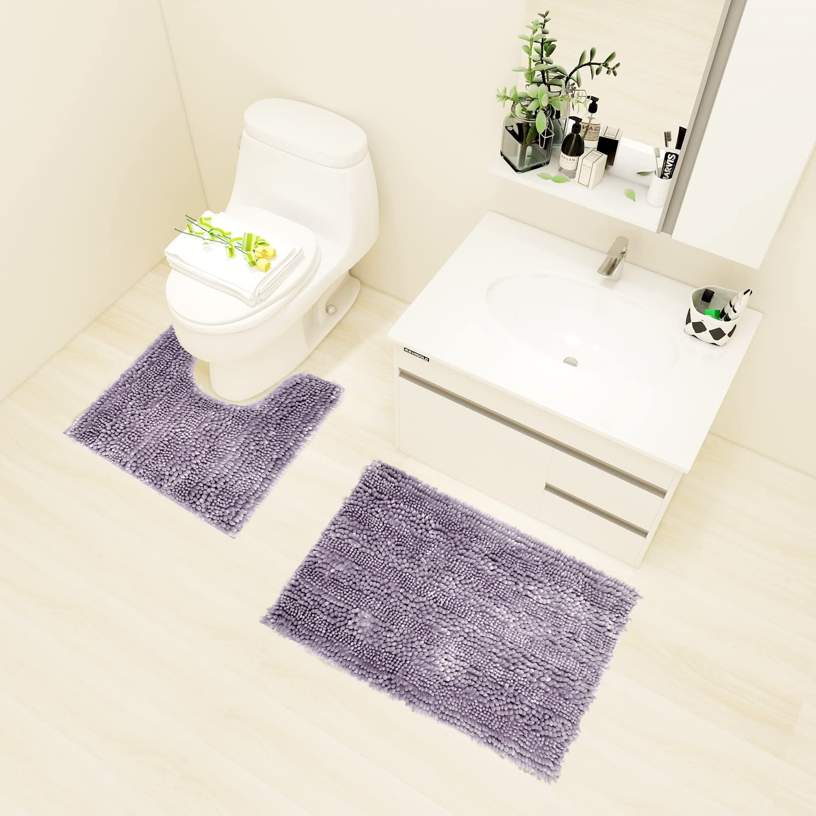 Civkor Bathroom Rugs Set 2 Pieces U Shaped Set Light Purple  Butter Chenille Contour Bath Mats Rugs with Non Slip Backing  Shiny Noodle Super Water Absorbent Machine Washable 31x20+20x20 Inch