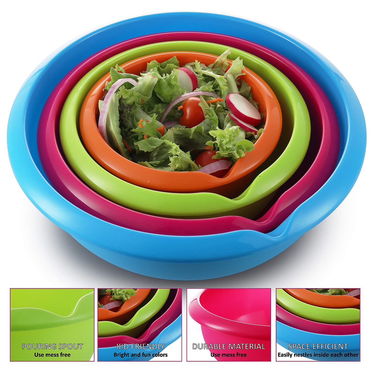 Set Of 4 - Colorful Mixing Bowls - Plastic Mixing Bowl Set For Prep - Stackable Mixing Bowls For Kitchen - Microwave & Dishwashe