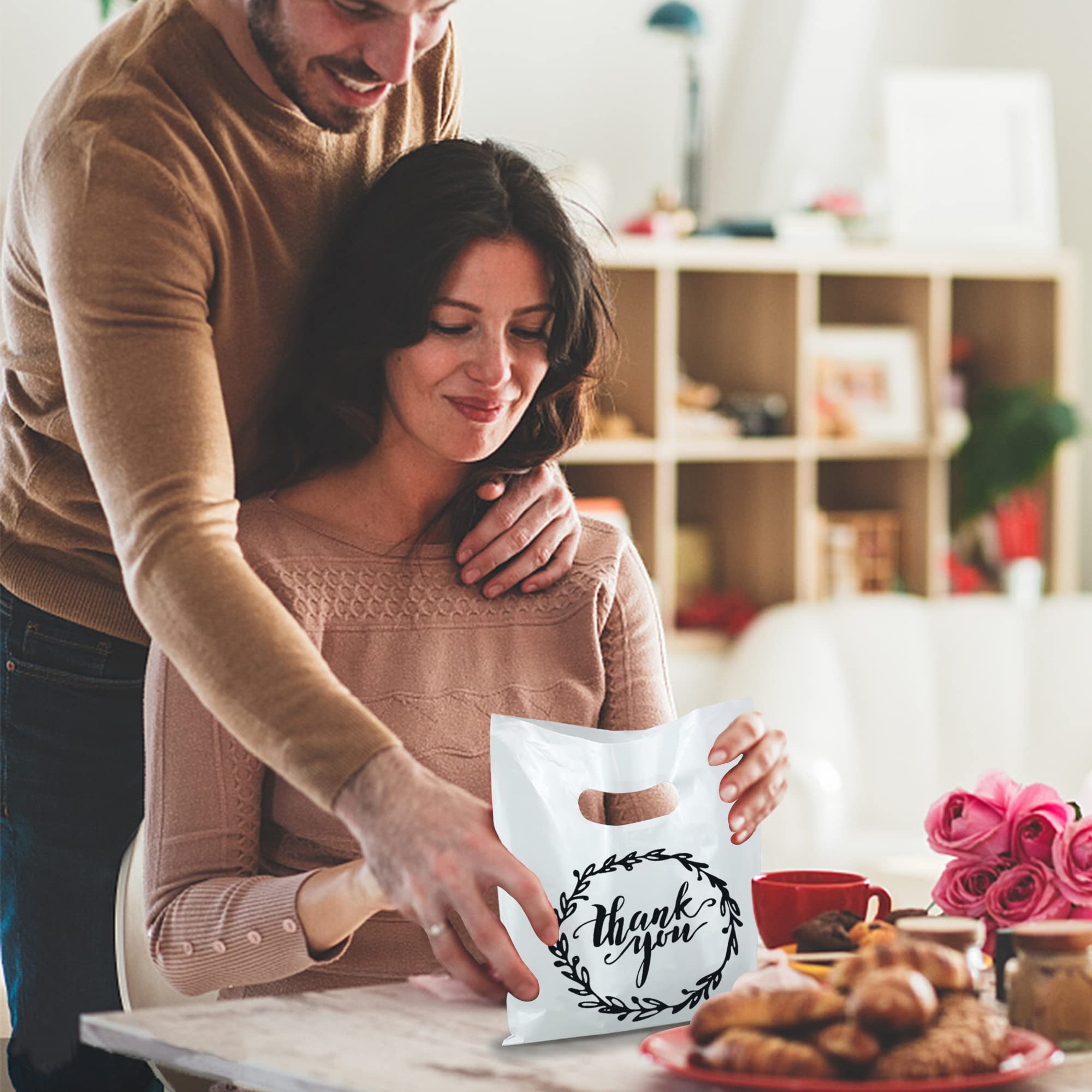 TOSPARTY 100 PCS Plastic Thank You Merchandise Bags White Party Present Bags Candy Cookie Treat Bags for Birthday Party Wedding Christmas Retirements