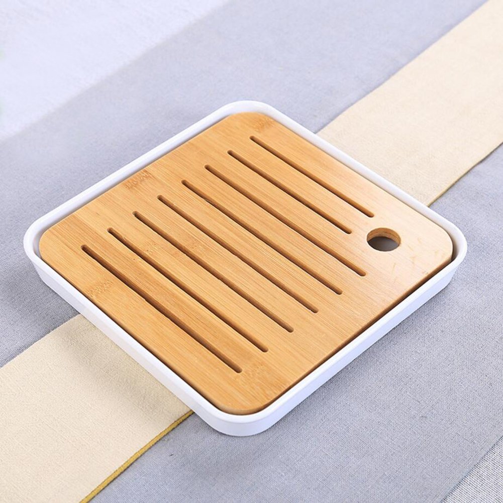 Hoobar Bamboo Kung Fu Tea Tray Table Serving Tray Chinese Style Water Storage (White)