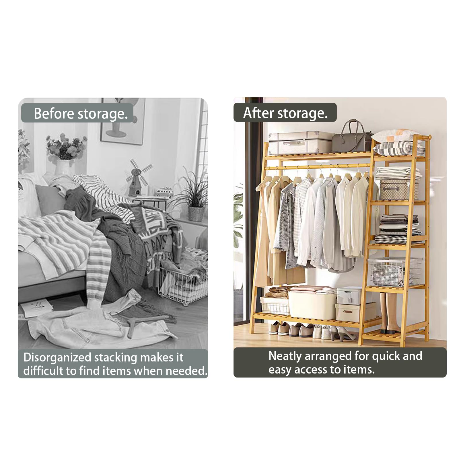 Baveke Bamboo Clothing Garment Rack 7 Tier Storage Shelf Coat Clothes Hanging Rack, Portable Wardrobe Closet Organizer With Top