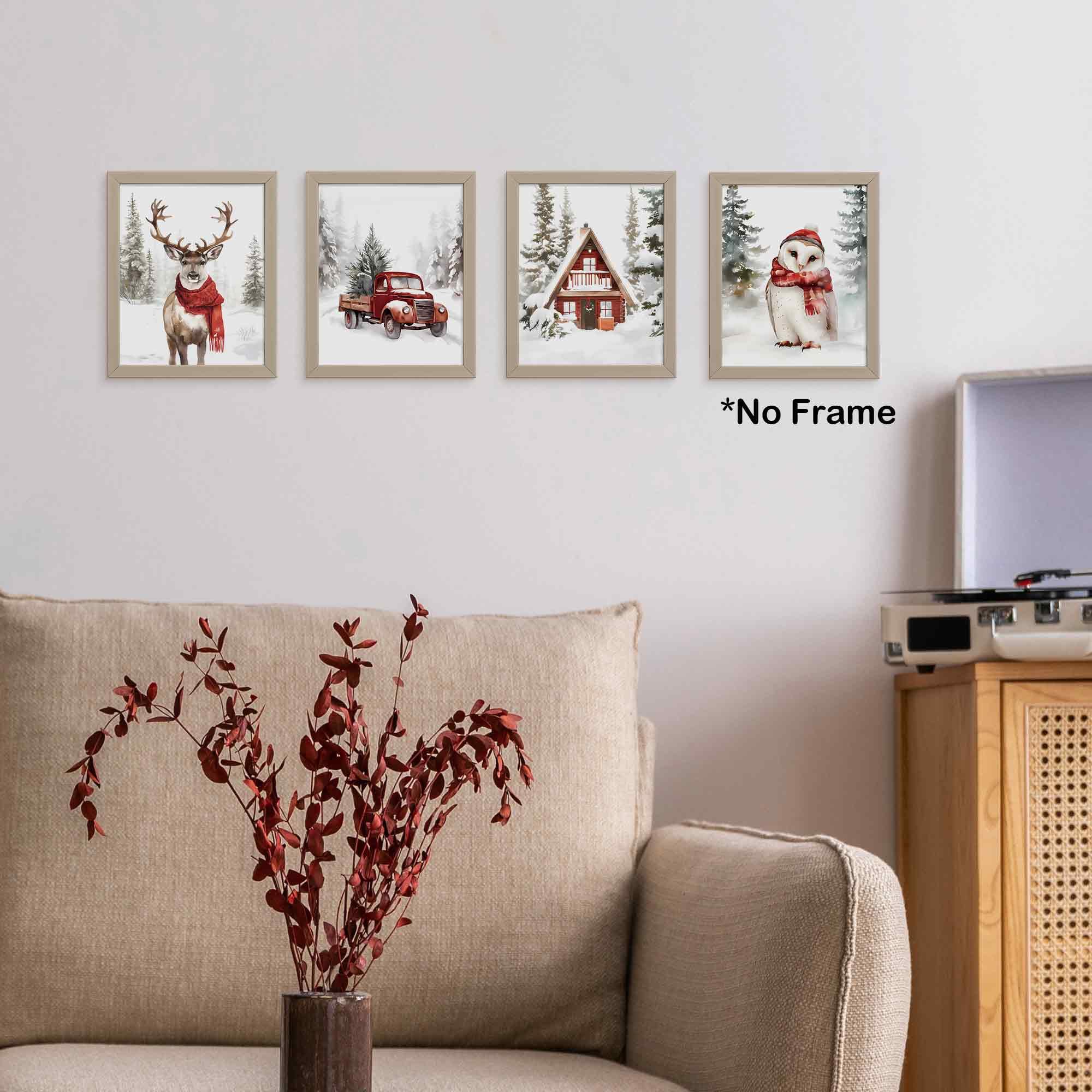 Tleske Winter Christmas Snowy Woodland Animals Posters Prints Unframed Set Of 4, Deer Reindeer Moose Owl With Red Scarf Wall Art