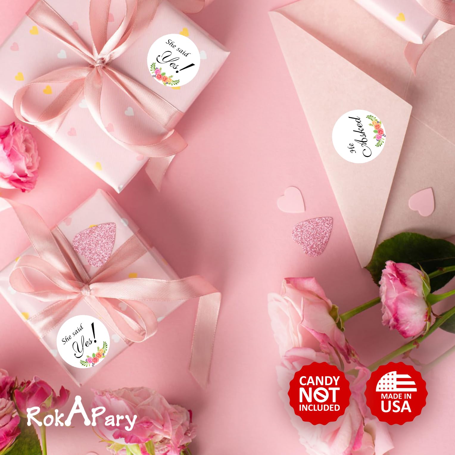 324 Floral Roses He Asked She Said Yes!  Kisses Wedding Stickers  Chocolate Drops Labels Stickers for Weddings  Bridal Shower Engagement Party Decorations  Favors for Kisses