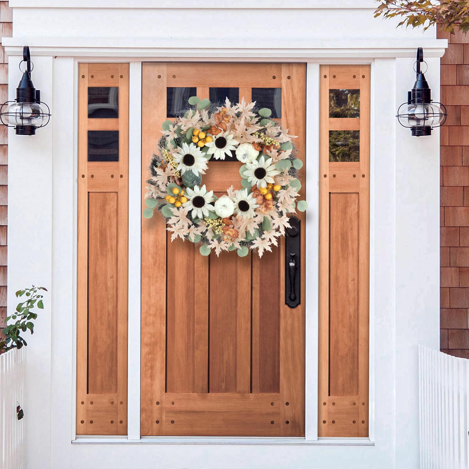Yueyela 23inch Fall Wreaths for Front Door, Autumn Wreath with Pumpkin Sunflowers Fruits Maple and Eucalyptus Leaves, Wreaths fo