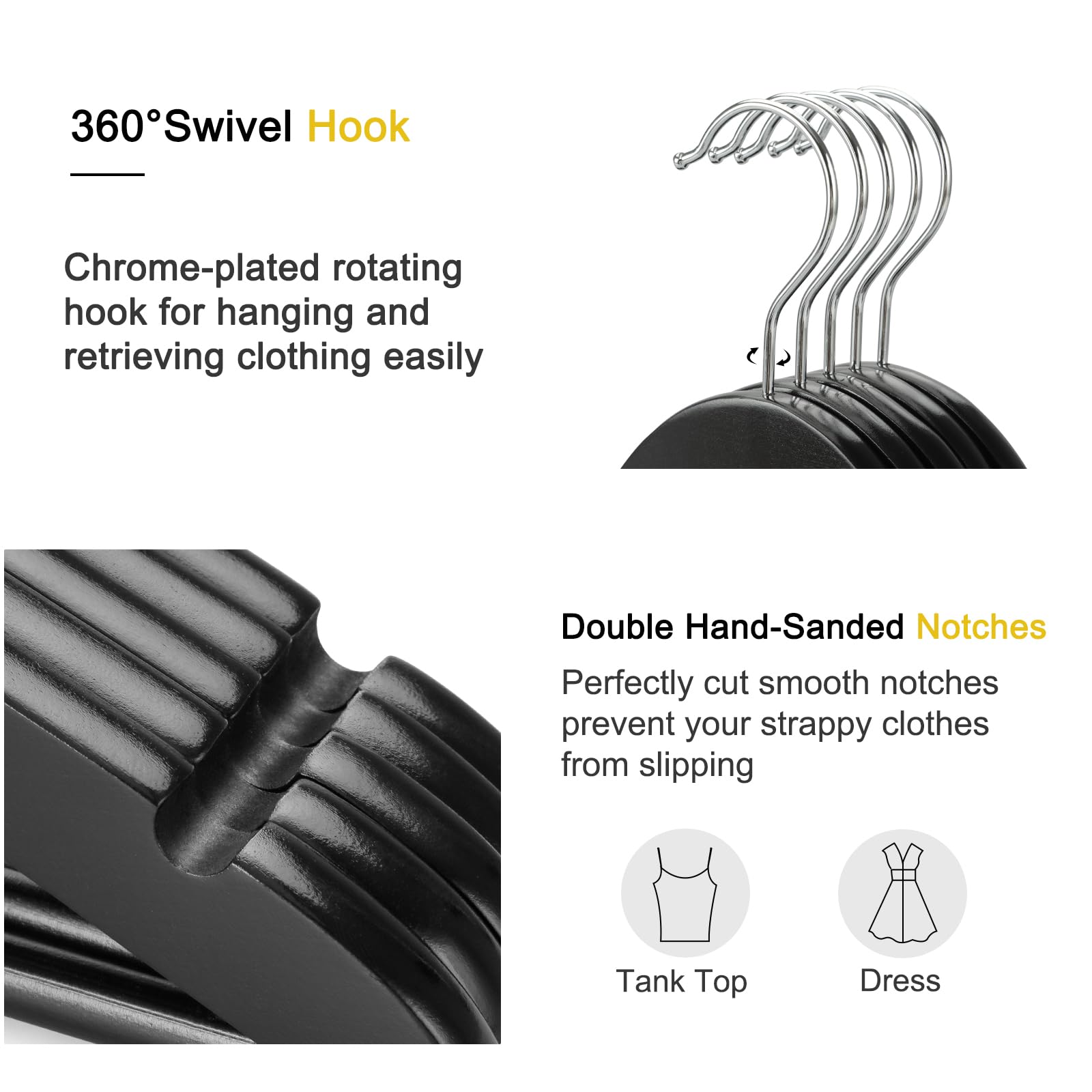 Topia Hanger Wooden Coat Hangers 30 Pack, Black Wood Suit Hangers, 360 Swivel Hook And Non-Slip Shoulder Notches For Camisole, J