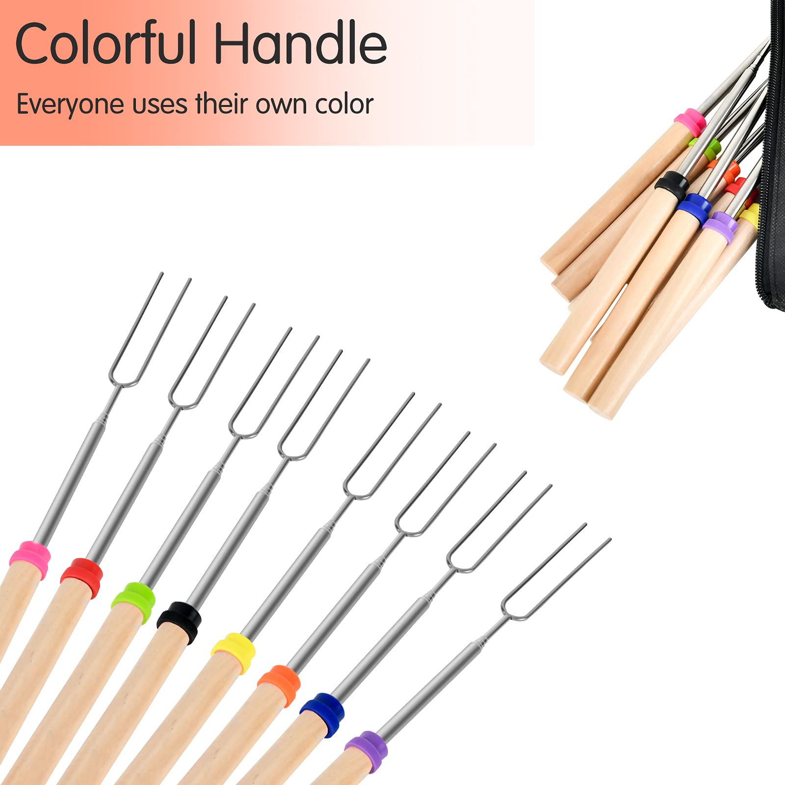 Simple Deluxe Marshmallow Roasting Sticks With Wooden Handle Extendable Forks Set Of 8Pcs 32Inch Telescoping Skewers For Stove,