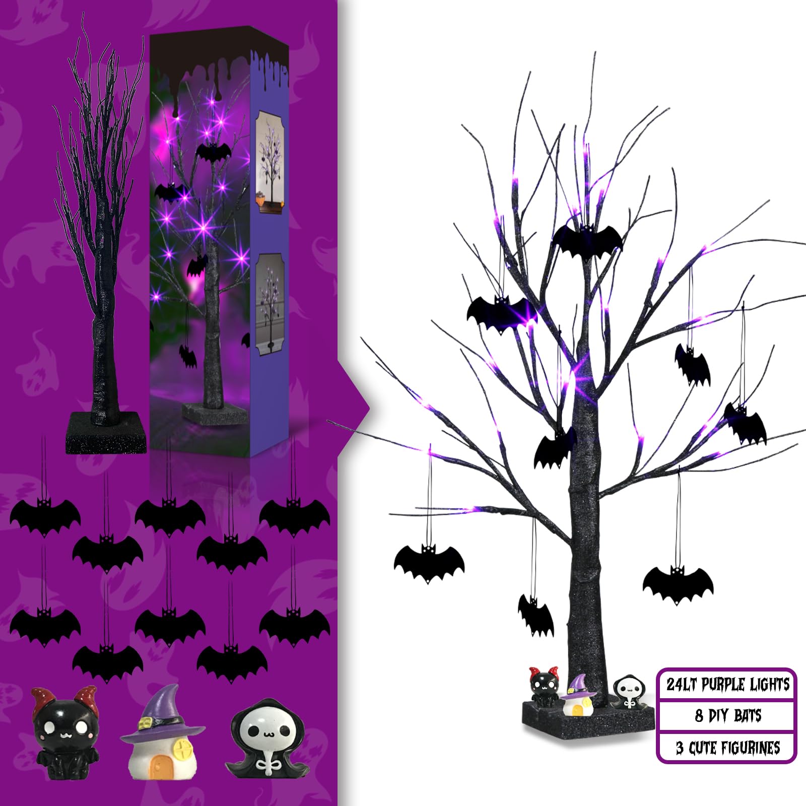 EAMBRITE Halloween Tree, Black Halloween Decorations Indoor, 2FT Spooky Tabletop Trees Battery Operated with 24LED Purple Lights