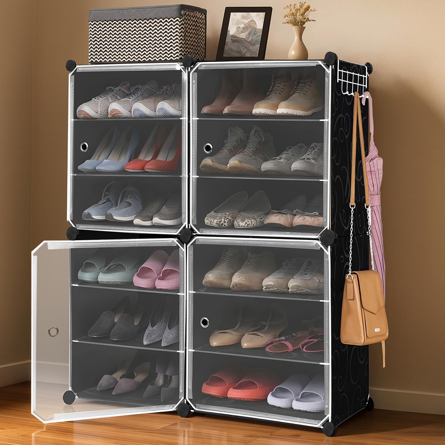 About Space Plastic Shoe Rack Organizer6 Layer Shoe Stand With Hanger&Door For HomeDiy 24 Pair Portable,Expandable 3 Cube Shoe
