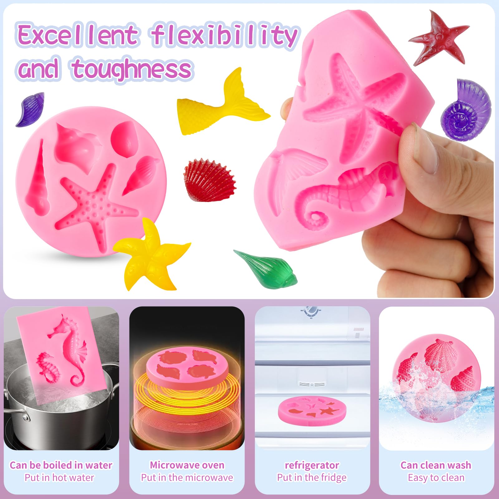Elfkitwang Marine Theme Fondant Silicone Mold,Seashell,Conch, Mermaid Tail,Seahorse,Starfish,Coral, Diy Handmade Baking Tools Fo