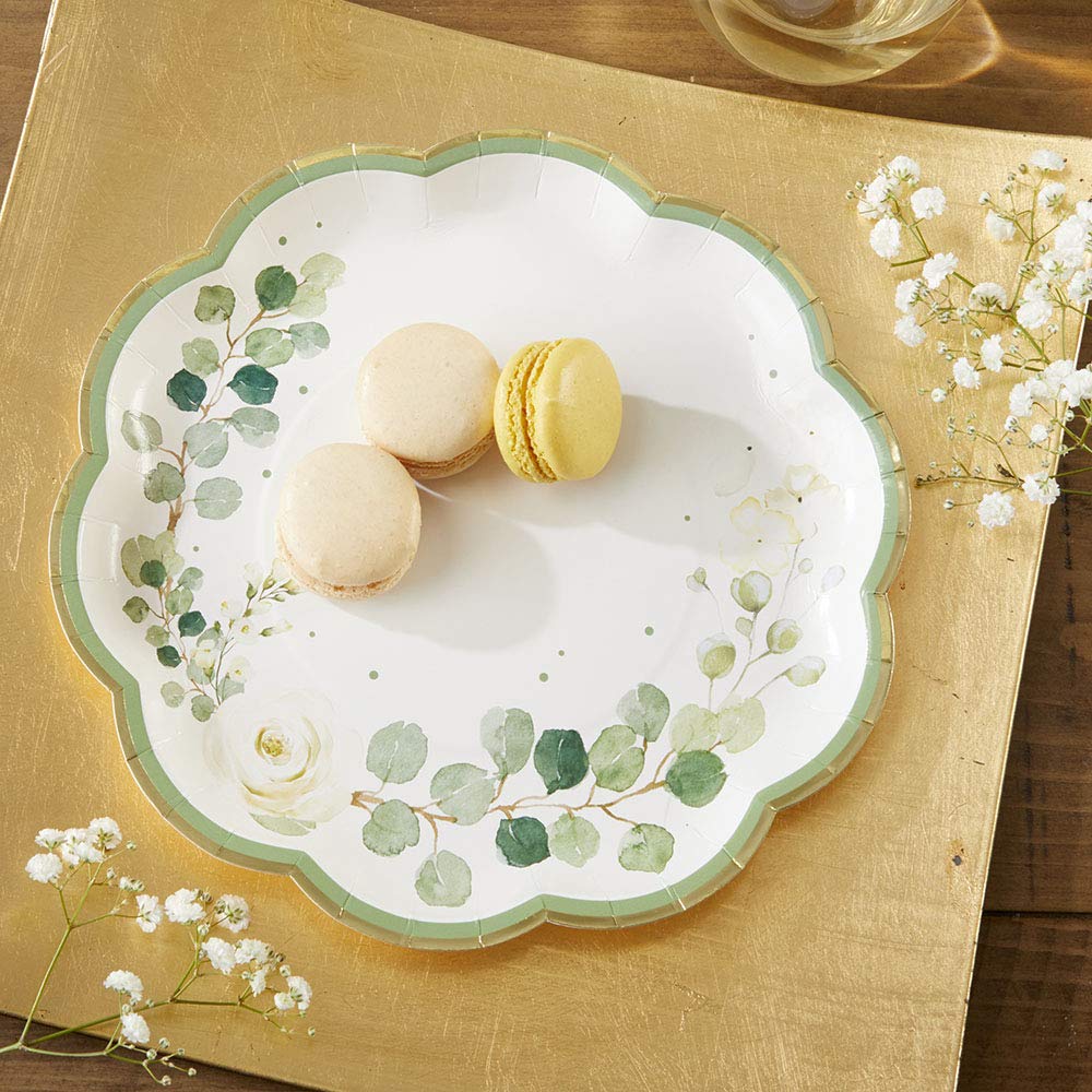 Kate Aspen Sage Green Party Decorations  Eucalyptus Floral 9 in. Decorative Premium Paper Plates (350 GSM weight -Set of 16) - Perfect for Greenery Baby Shower & Bridal Showers