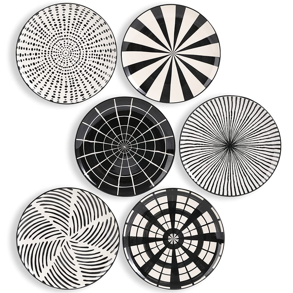 Ceramic Dessert Plates 8 Inch - Salad Appetizer Plate Set of 6 - Modern Japanese Style - Dishwasher and Microwave Safe - Black a
