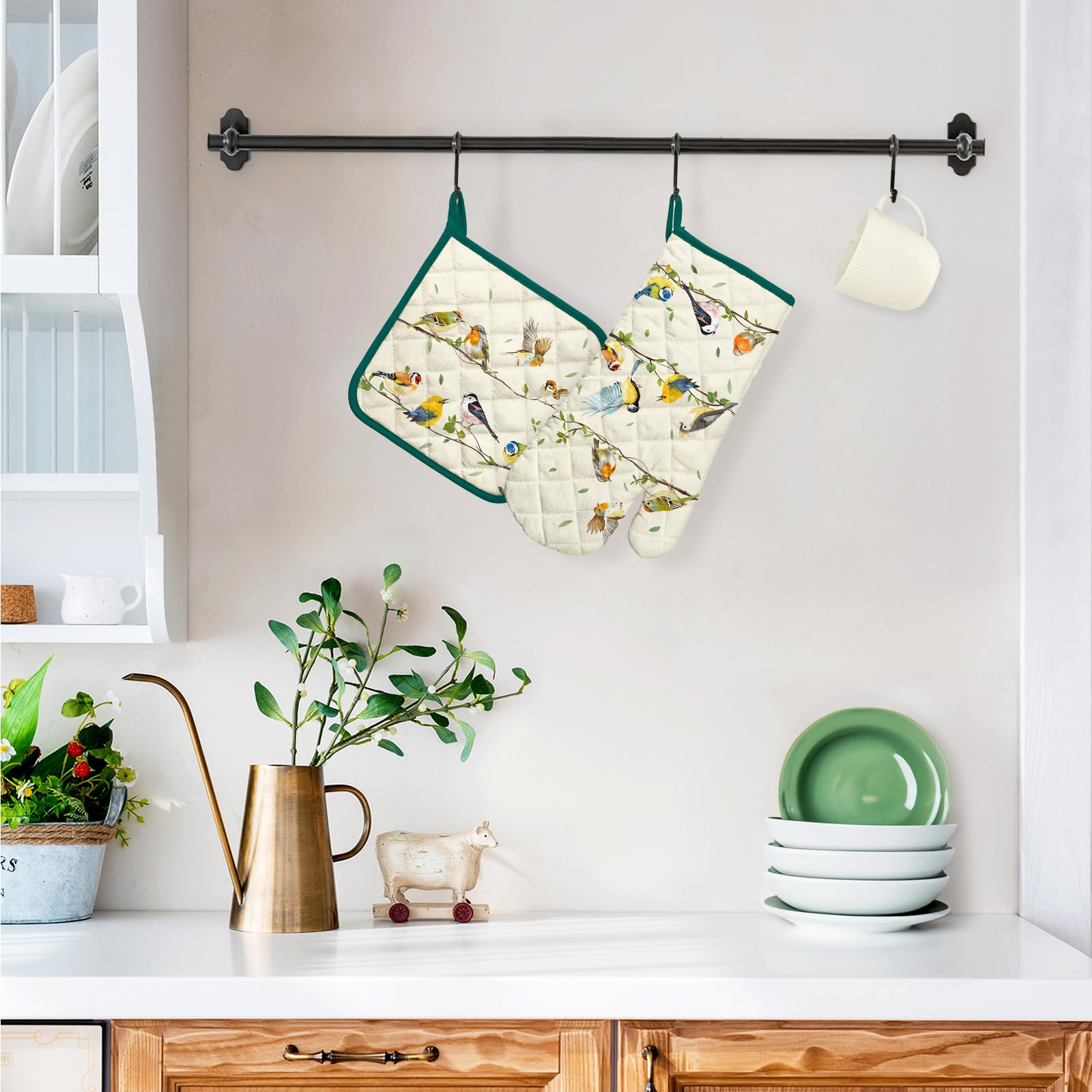 Arquiel Bird Branch Oven Mitts And Pot Holders Sets 2Pcs, 100% Cotton Heat Resistant, Extra Long Oven Gloves Potholder For Kitch