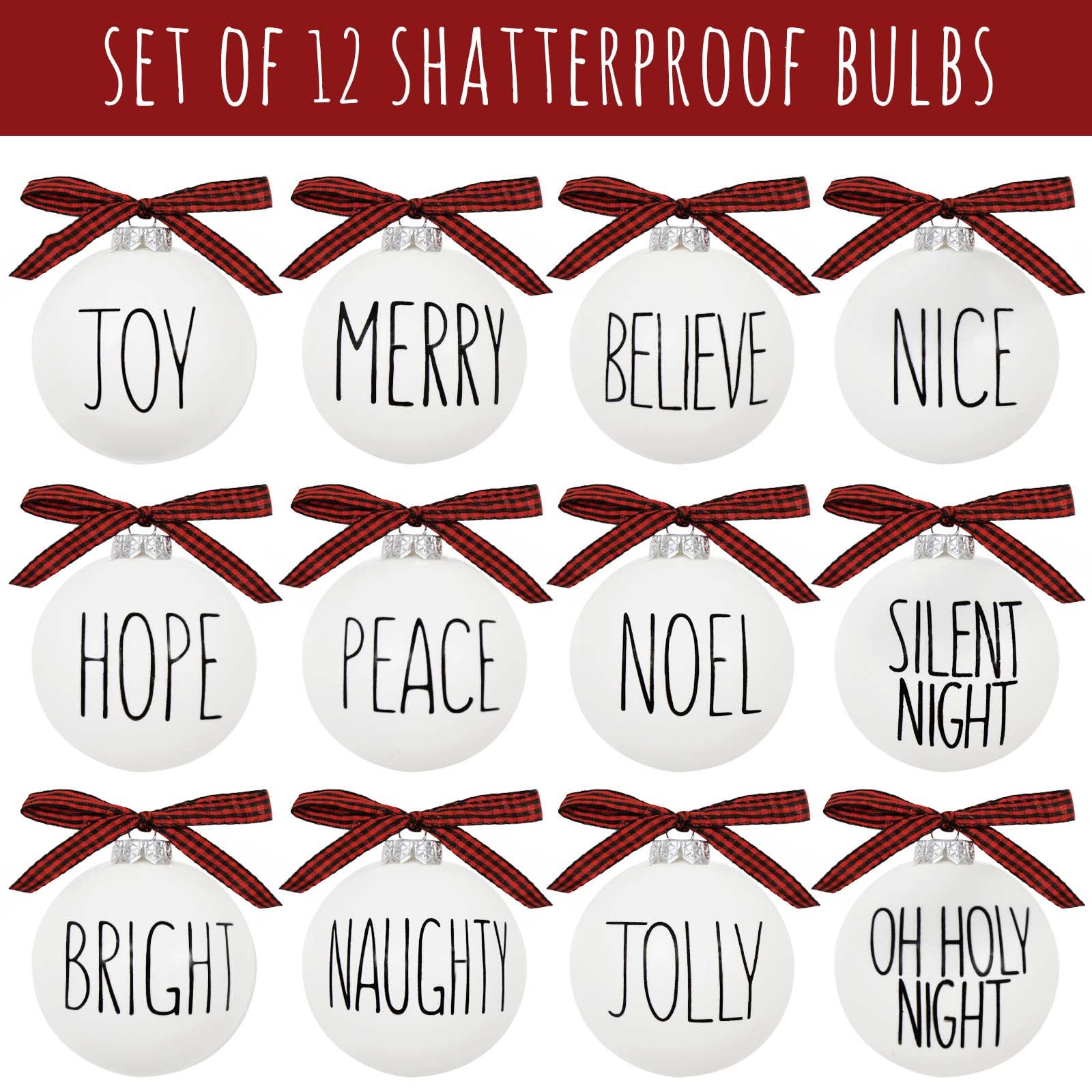 Christmas Ornaments - Set of 12 Shatterproof White Bulbs Adorned with Buffalo Plaid Bows - Rustic Farmhouse Christmas Tree Decor