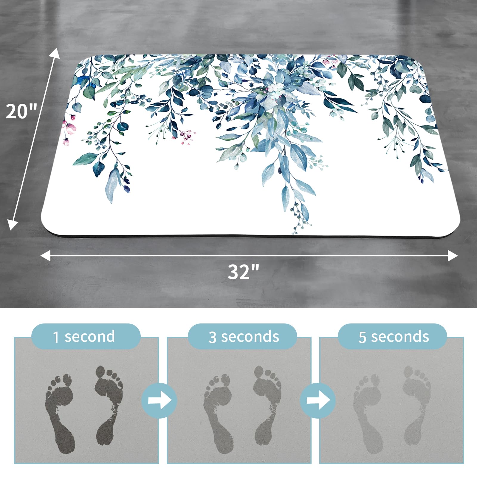 Gibelle Eucalyptus Leaves Bath Mat Rug Super Absorbent Quick Dry Thin Bathroom Rugs Fit Under Door Non Slip Rubber Backed Bathro