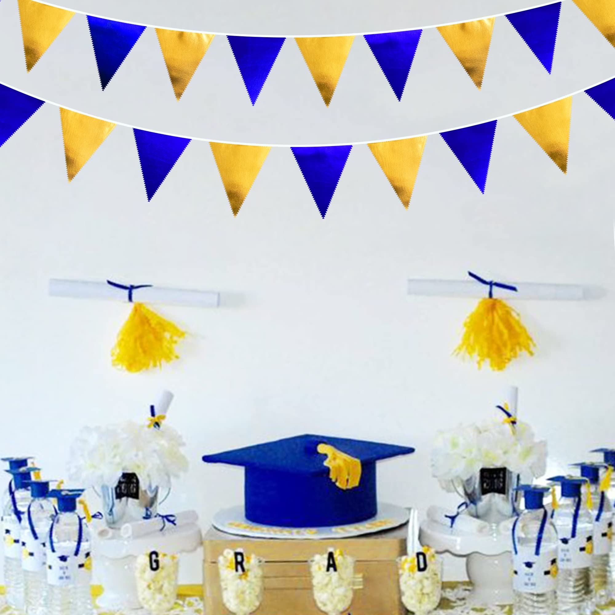 Royal Blue Gold Party Decoration Navy Blue Gold Triangle Pennant Banner Flag Metallic Fabric Bunting Garland For Graduation Birt