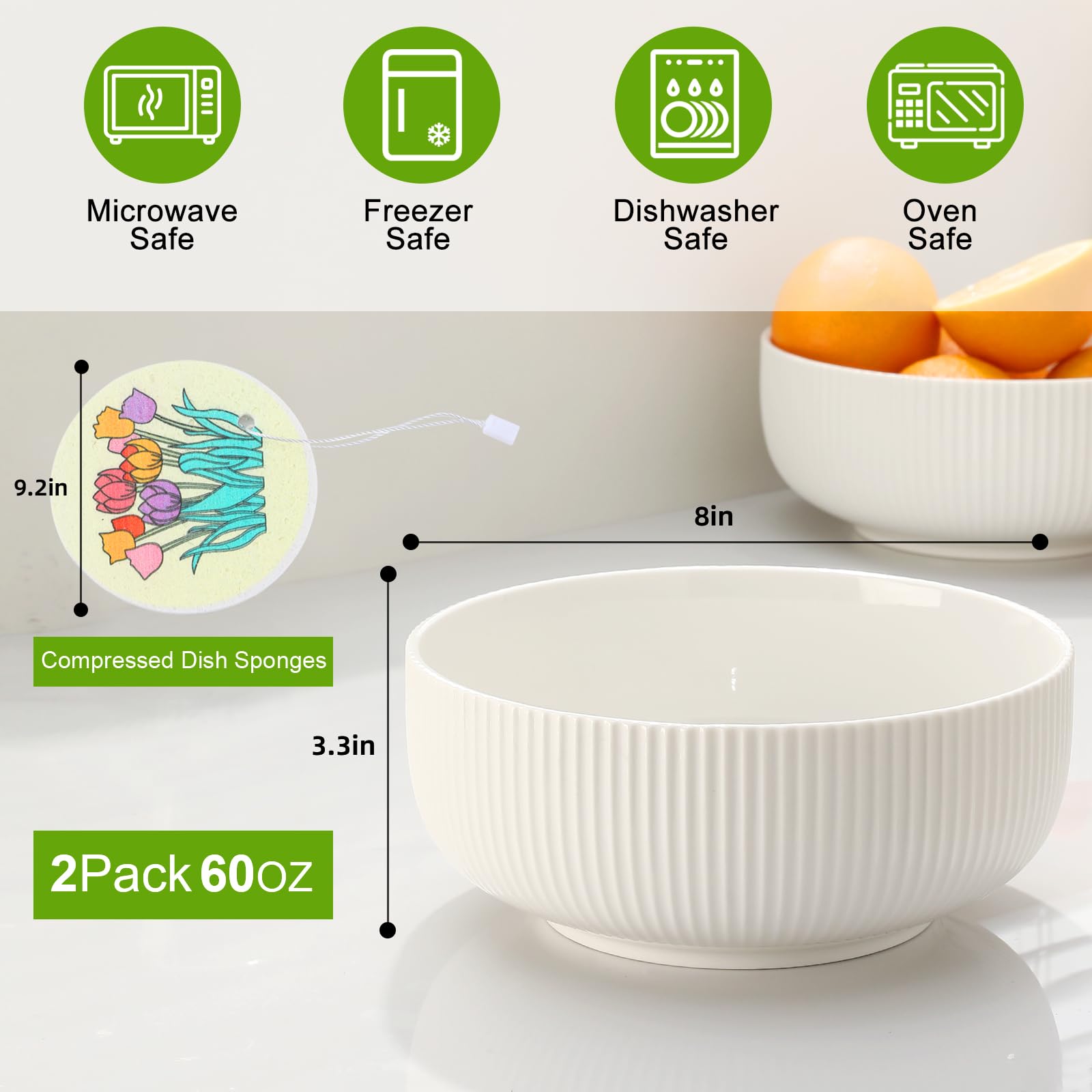Kmigruan 60Oz Salad Bowl Set,2 Pack Serving Bowls For Entertaining,8Inch Large White Ceramic Bowl For Side Dishes,Soup, Pho, Cer