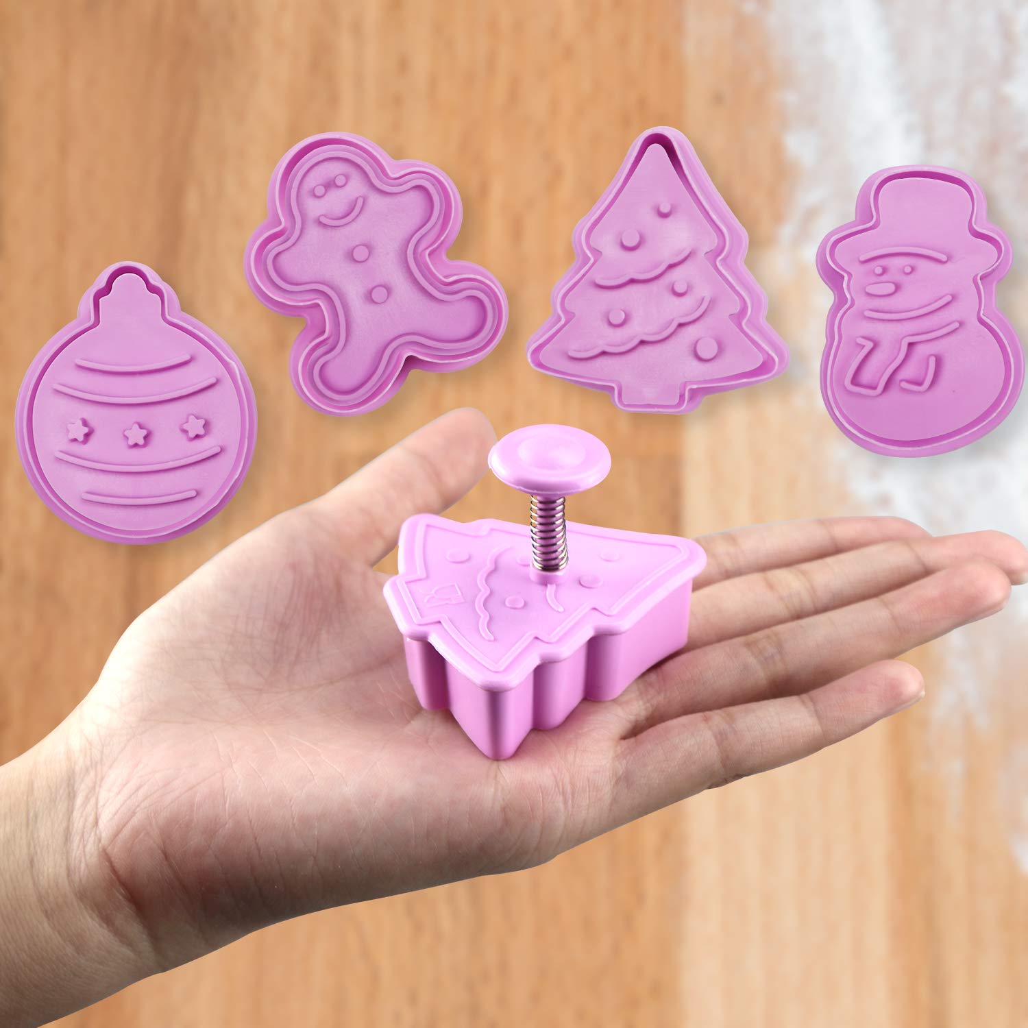 Mini 3D Christmas Cookie Cutters Set  Christmas Holiday Fondant Biscuit Pastry Cookie Cutter Stamp  Xmas Spring-loaded Handle Cutter Shape with Santa  Christmas Tree  Bell  Gingerbread Man (4 PCS)