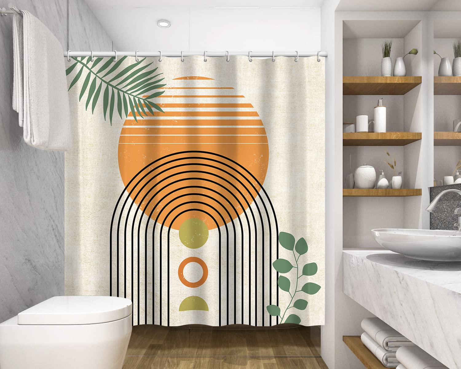 Artinme Mid Century Abstract Shower Curtain Boho Arch Sun Beige Modern Minimalistic Home Bathtubs Bathroom Curtain Decoration Se