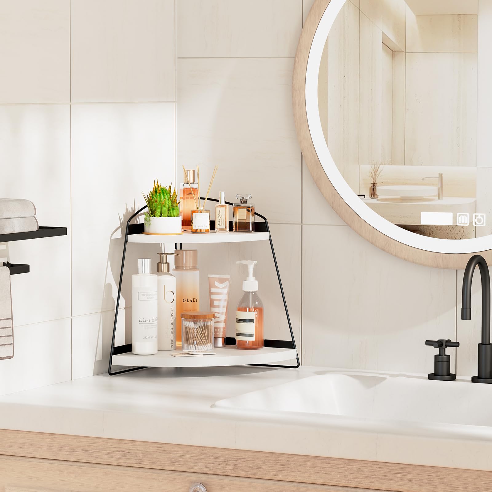 Puricon Bathroom Counter Organizer, 2 Tier Corner Countertop Storage Shelf Bathroom Sink Organizer, Wood Triangle Bathroom Organ