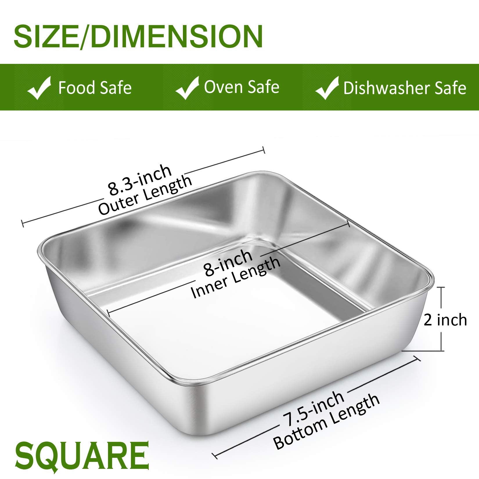 P&P Chef 8 Inch Square Cake Pan Set Of 3, Stainless Steel Deep Baking Pans Lasagna Bread Brownie Pans, One-Piece Construction &