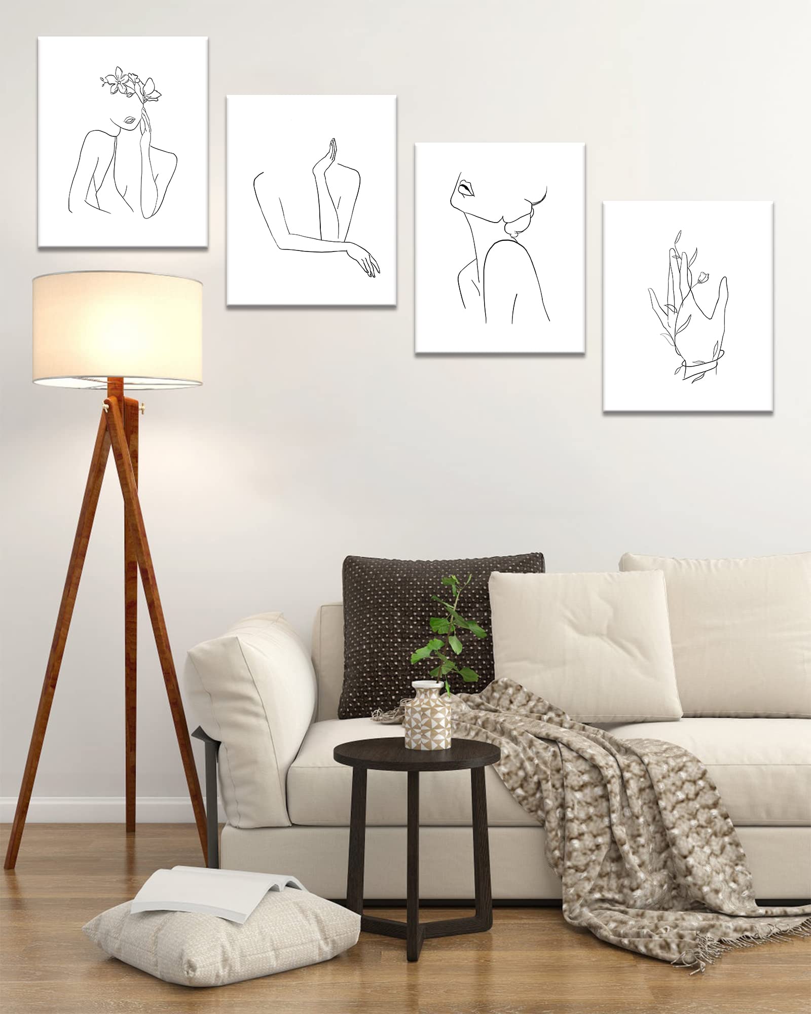 Minimalist Line Art Prints Wall Decor - Abstract Flower Line Art - Modern Black and White Artwork - Women Office Bedroom Bathroom Decoration - FRAMED  8''x10''  4 Piece Set