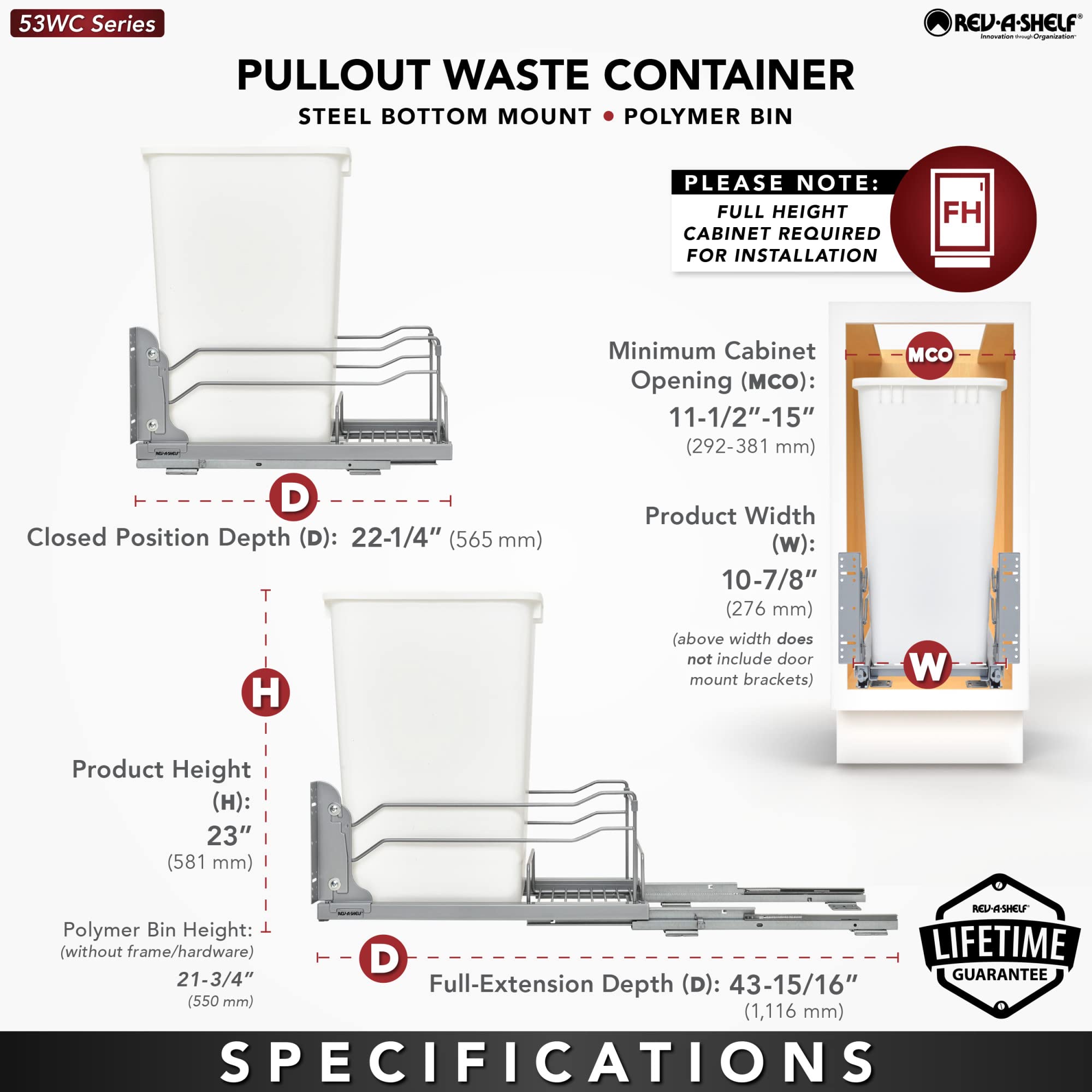 Rev-A-Shelf Pullout Trash Can For Full-Height Kitchen Cabinets 50 Quart 12.5 Gallon With Soft-Close Slides And Storage, Silver,
