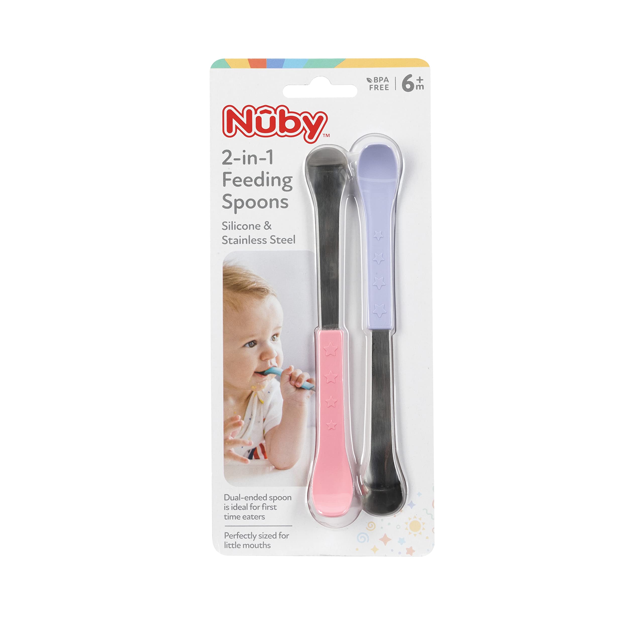 Nuby 2 In 1 Silicone And Stainless Steel Dual Ended Feeding Spoons For Baby, Purple/Pink