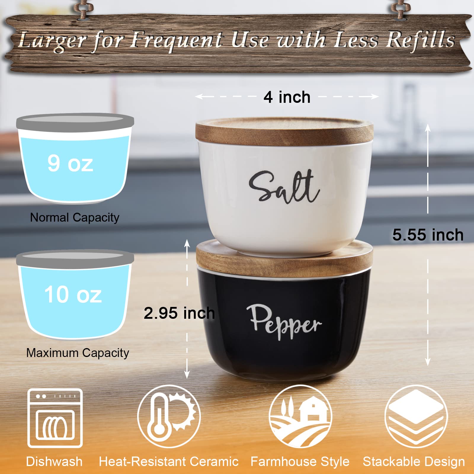 Salt And Pepper Bowls, Dayyet 10 Oz Salt Cellar With Lid, Stacked Ceramic Salt Pepper Container With Acacia Wood Lid, Salt Box F