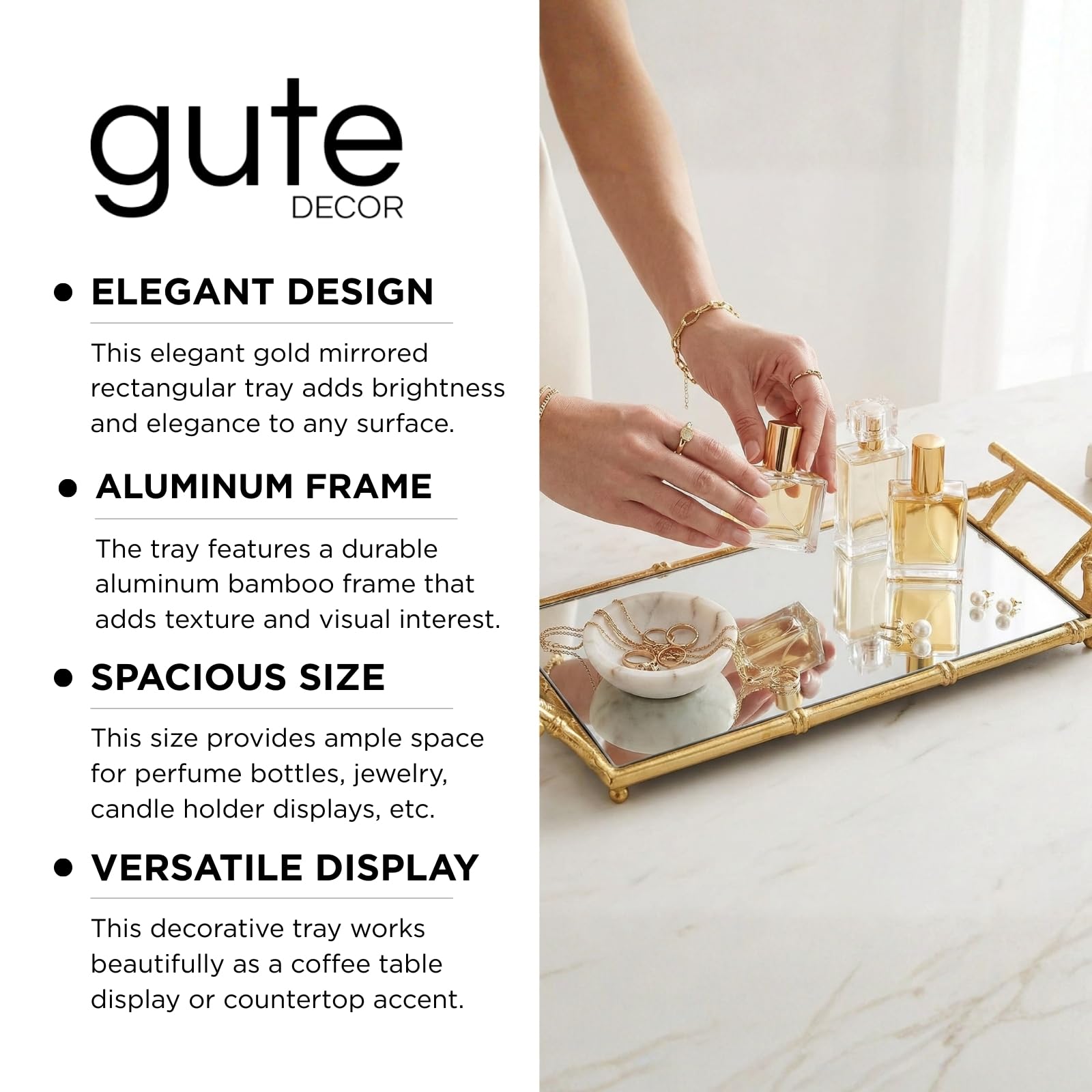 Gold Mirrored Decorative Tray, 20" Large Rectangular Aluminum Bamboo Frame