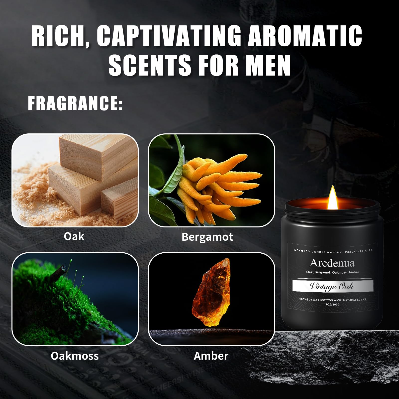 Vintage Oak Candle | Manly Scented Candles for Home, Masculine Candle - 7oz Soy Candles for Home Scented, 50 Hours Clean Burn, L