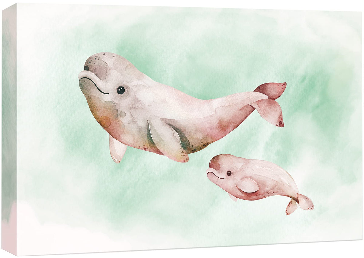 Wall26 Canvas Print Wall Art Watercolor Red, Green & White Beluga Whales Animals Marine Life Illustrations Realism Nautical Scen