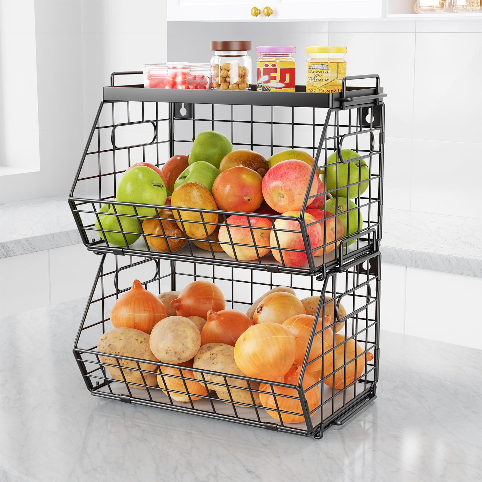 Chloryard 3-Tier Stackable Fruit Basket Kitchen Potato Onion Storage Wire Baskets With Tray Top, Wall-Mounted & Countertop Tiere