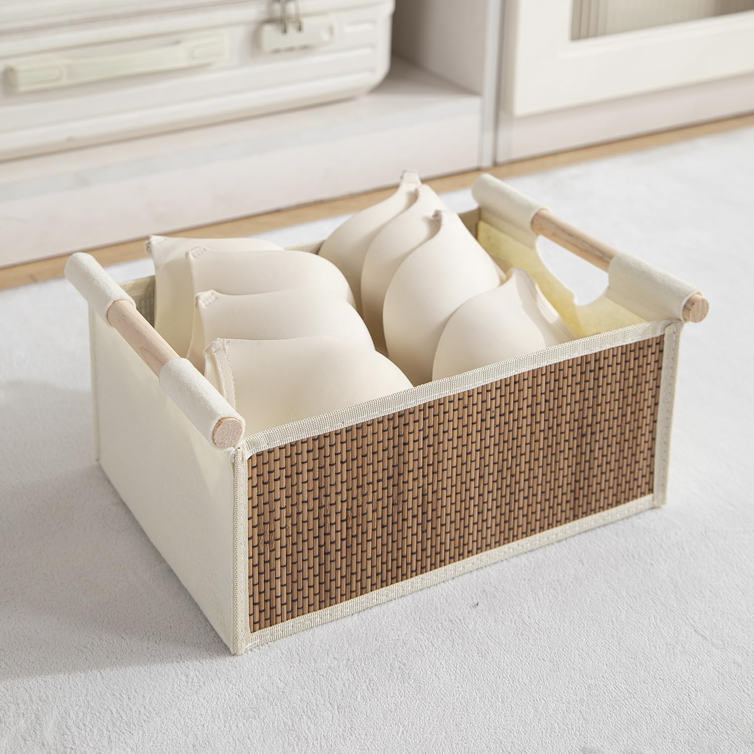 Hokipo Pack Of 1 Bamboo Storage Baskets With Wooden Handles  Medium 33X24X14 Cm Foldable Fabric Organizer Bin For Clothes & Hom