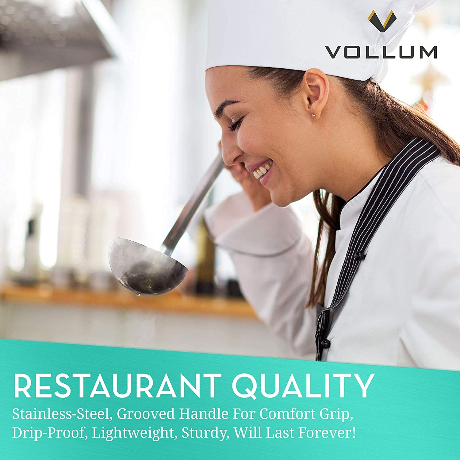 Vollum 1-Piece Ladle Heavy Duty Thick Stainless Steel - 6 Ounce (3.6'' Bowl Diameter, 12.1'' Handle Length)