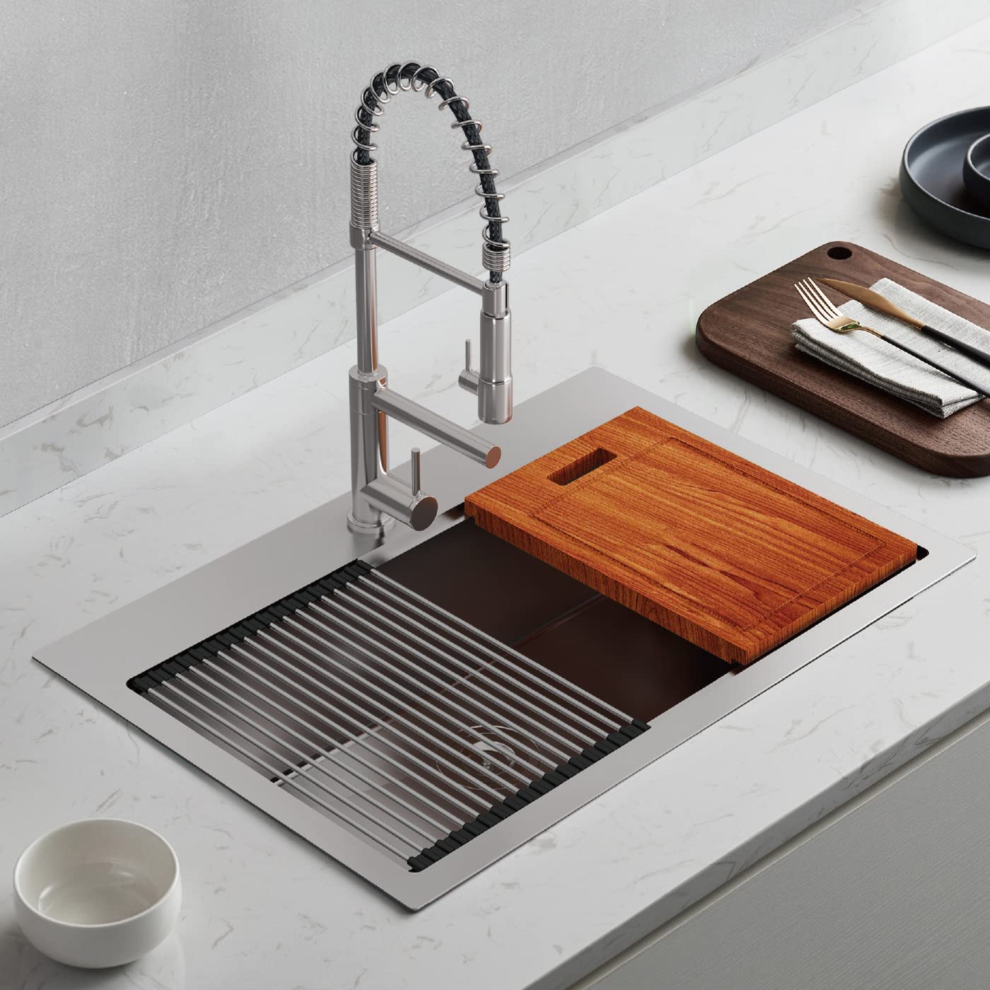 Kitchen Sink Workstation, Tecasa 33 Inch Kitchen Sink With Faucet Combo, Dual Mount Drop In Sink Single Bowl Stainless Steel Met