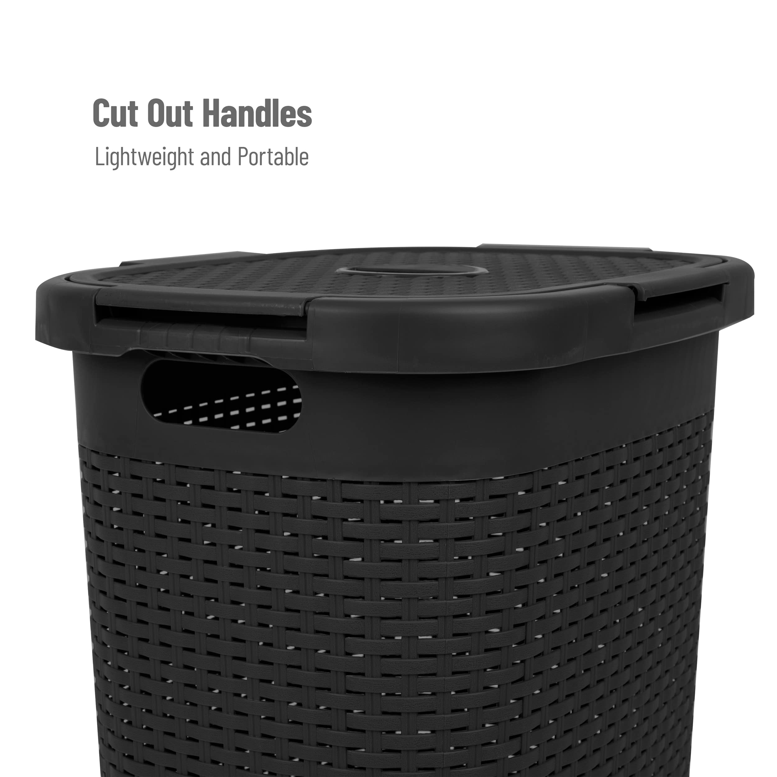 Mind Reader 60L Slim Laundry Hamper, Clothes Basket, Lid, Wicker Design, Plastic, 17.65''L X 13.75''W X 24.15''H, Black