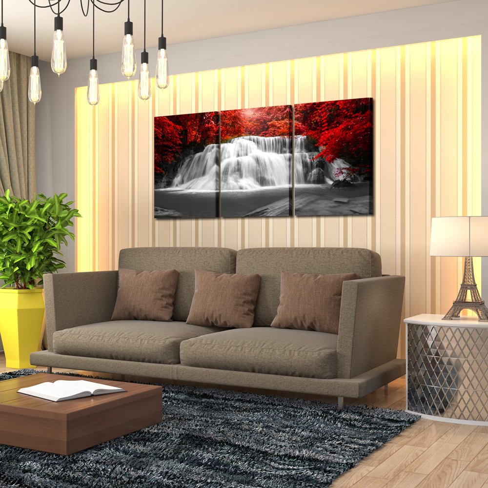 KREATIVE ARTS Black White and Red Canvas Wall Art 3 Pieces Red Woods Waterfall Canvas Print Landscape Paintings Framed Picture for Office and Home D?cor Ready to Hang 16x24inchx3pcs