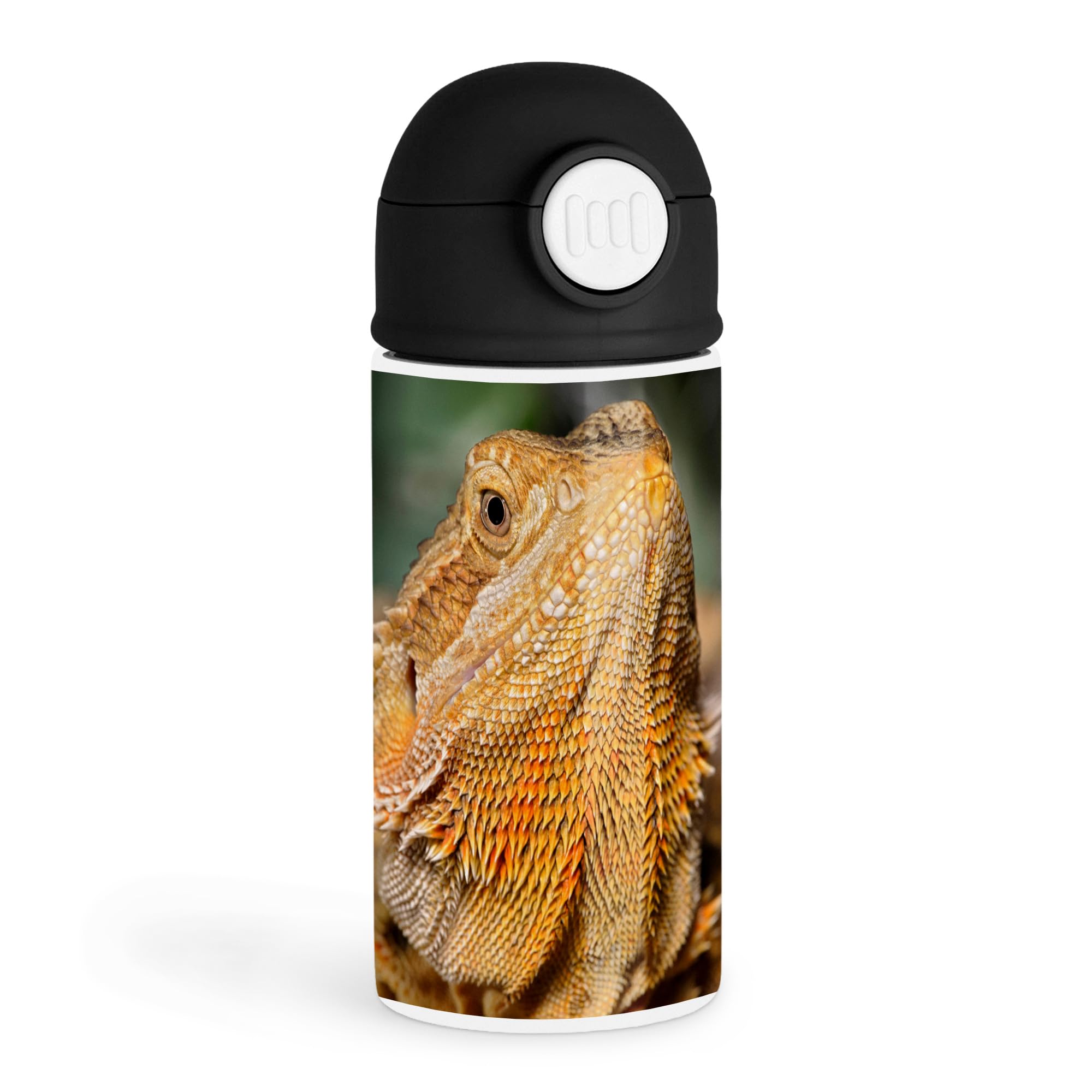 Sentimental Reptile Enthusiast 12oz Kids Black Bottle  Closeup of a bearded dragon in natural tones  Camping Trip, School Lun