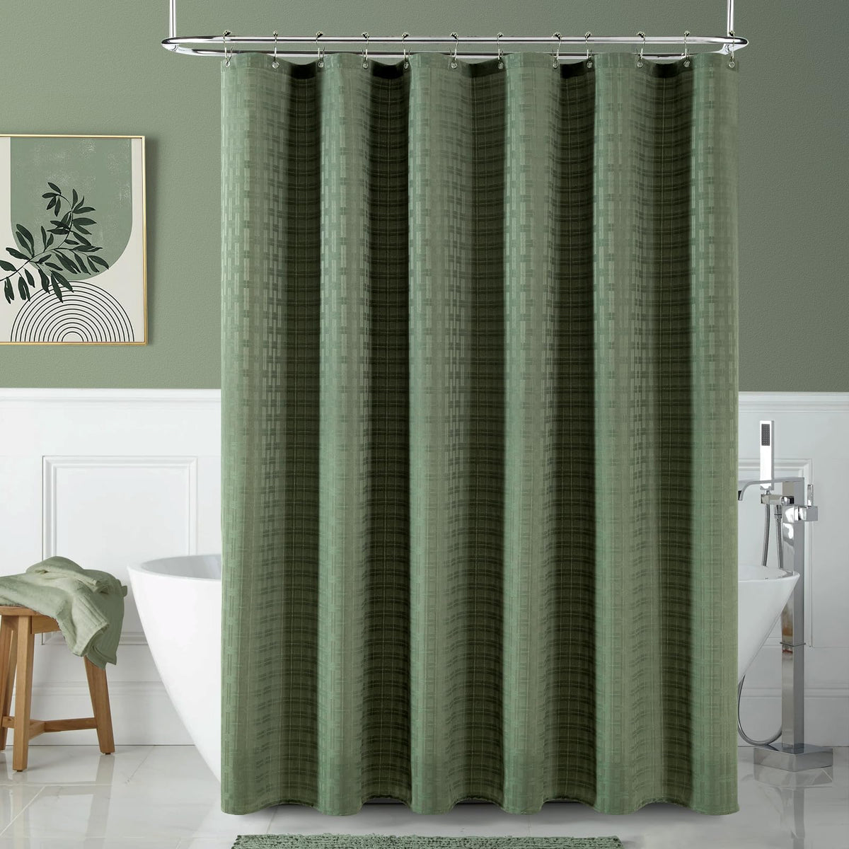 Pangsinne Sage Green Shower Curtain - Fabric Heavy Duty Shower Curtain For Bathroom, Water Repellent Weighted 230Gsm Hotel Quali