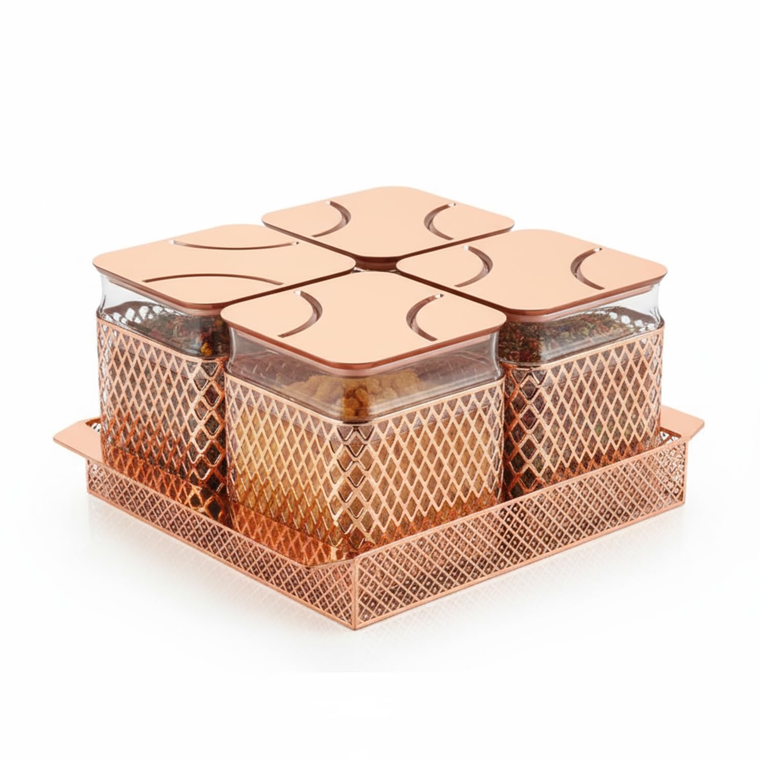 Pearlpet Fiesta AirTight Dry Fruit Container Tray Set With Lid & Serving Tray, Gift Set, 500 Ml (Rosegold4Pcs)