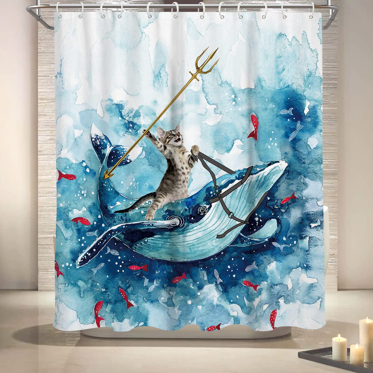 Coxila Funny Cat Shower Curtain Riding Whale Ocean Cute Fun Cool Kids Anime Nautical Beach Theme Sea Wave Beach Fish Hilarious B