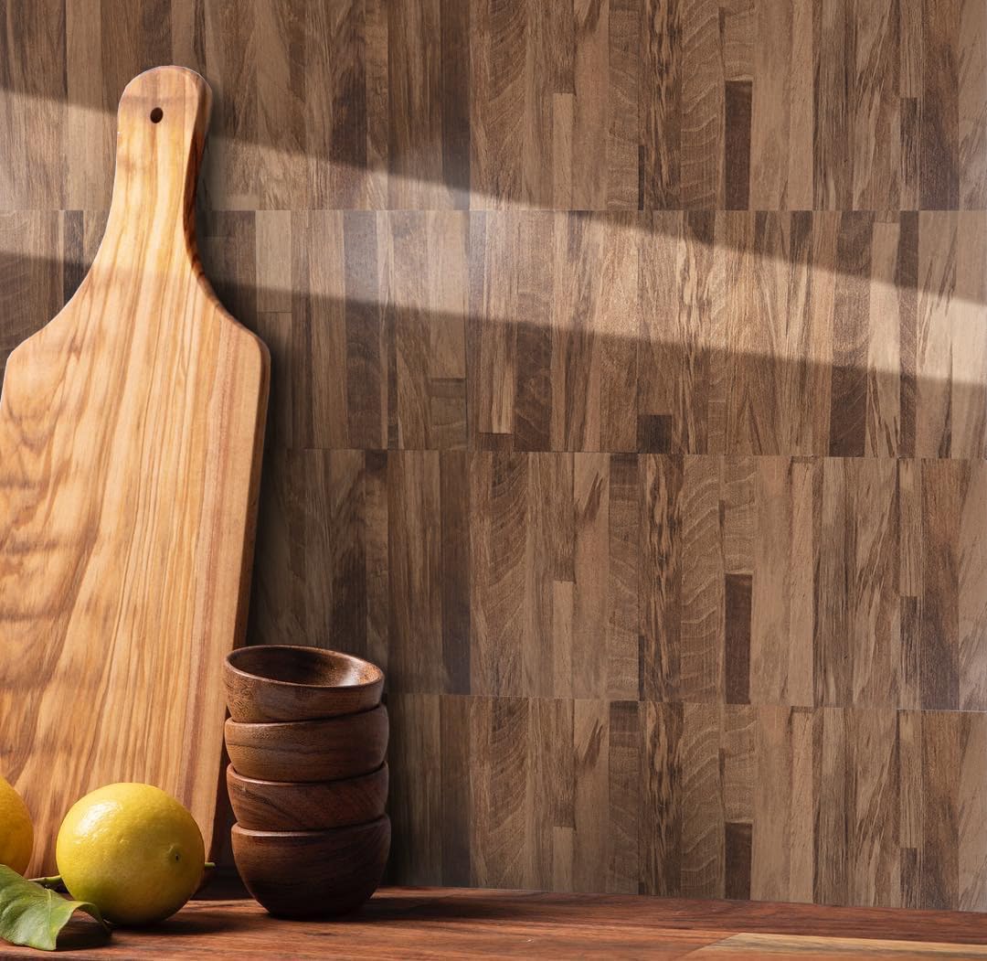 Midcard 10-Sheet Peel and Stick Backsplash Nature's Wood PVC Mosaic Tiles for Kitchens and Bathrooms.