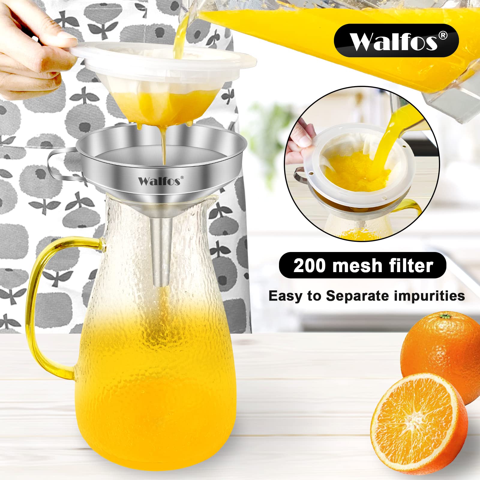 Walfos 3Pcs Kitchen Funnel with 2 Removable Strainer & 1 Cleaning Brush & 1Pc 200 Mesh Food Filter Strainer  Food Grade Stainless Steel Funnel for Transferring of Liquid  Oils  Jam  Dry Ingredients