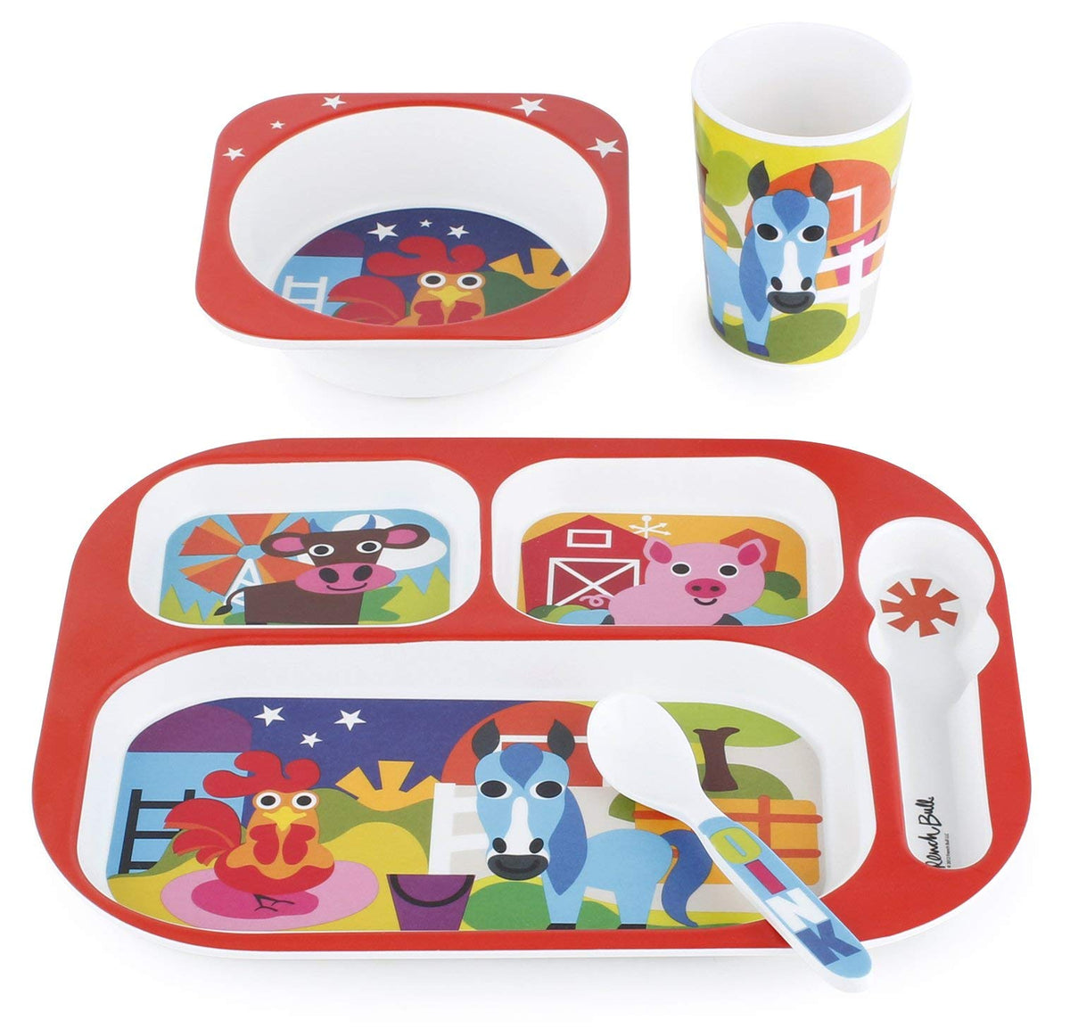 French Bull 4pc Toddler Kids Feeding Melamine Tableware Flatware BPA Free Dishwasher Safe, Durable Plate, Cup, bowl, Divided Tra