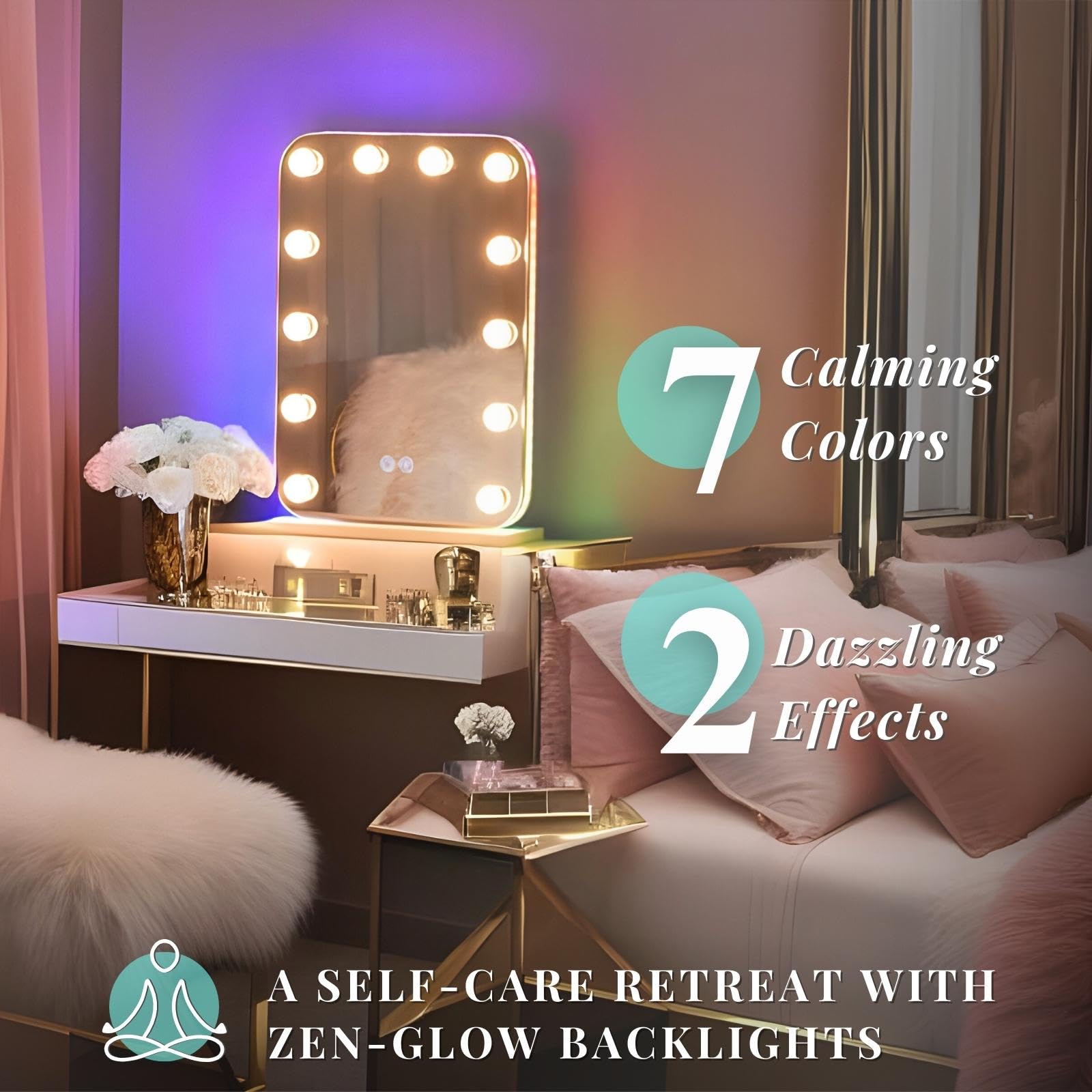 Luxfurni Vanity Mirror With Lights, Lighted Makeup Mirror With 14 Dimmable Bulbs, Tabletop Rgb Color Changing Led Mirror, 3 Colo
