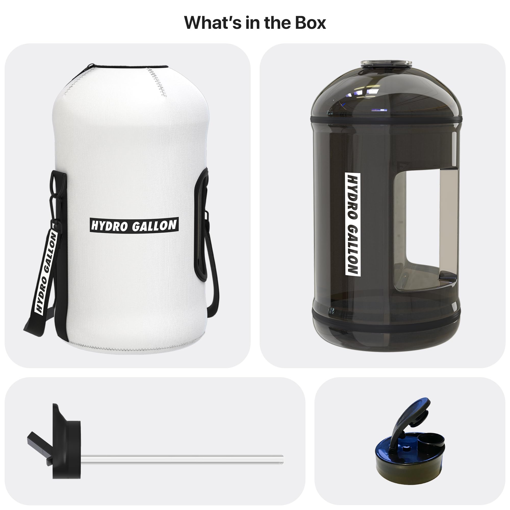 Hydro Gallon? 1 - Gallon Water Bottle Jug with Insulated Sleeve and Straw Lid  Handle  Motivational Time Marker  Pocket  Shoulder Strap. Leakproof BPA free Large Big Bottle. 128oz (White)