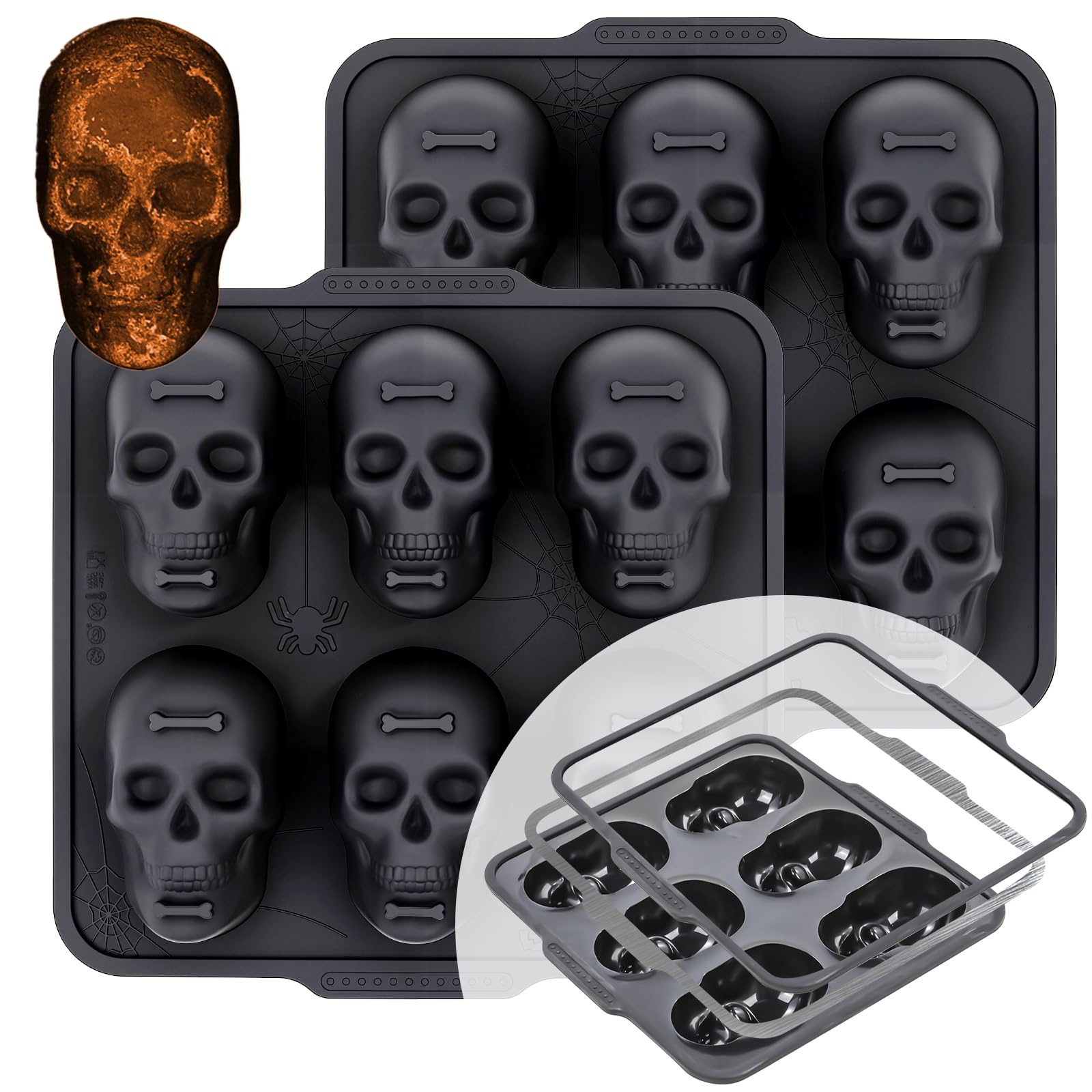 FUNBAKY Skull Baking Pan, Muffin Pan with Metal Reinforced Frame, Silicone Skull Cake Mold  Halloween Nonstick Large Molds for 